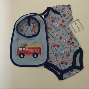 NEW 0-3M Baby 2pc Bodysuit & Bib Fire Truck Theme “Grandpa’s Little Hero” Blue
